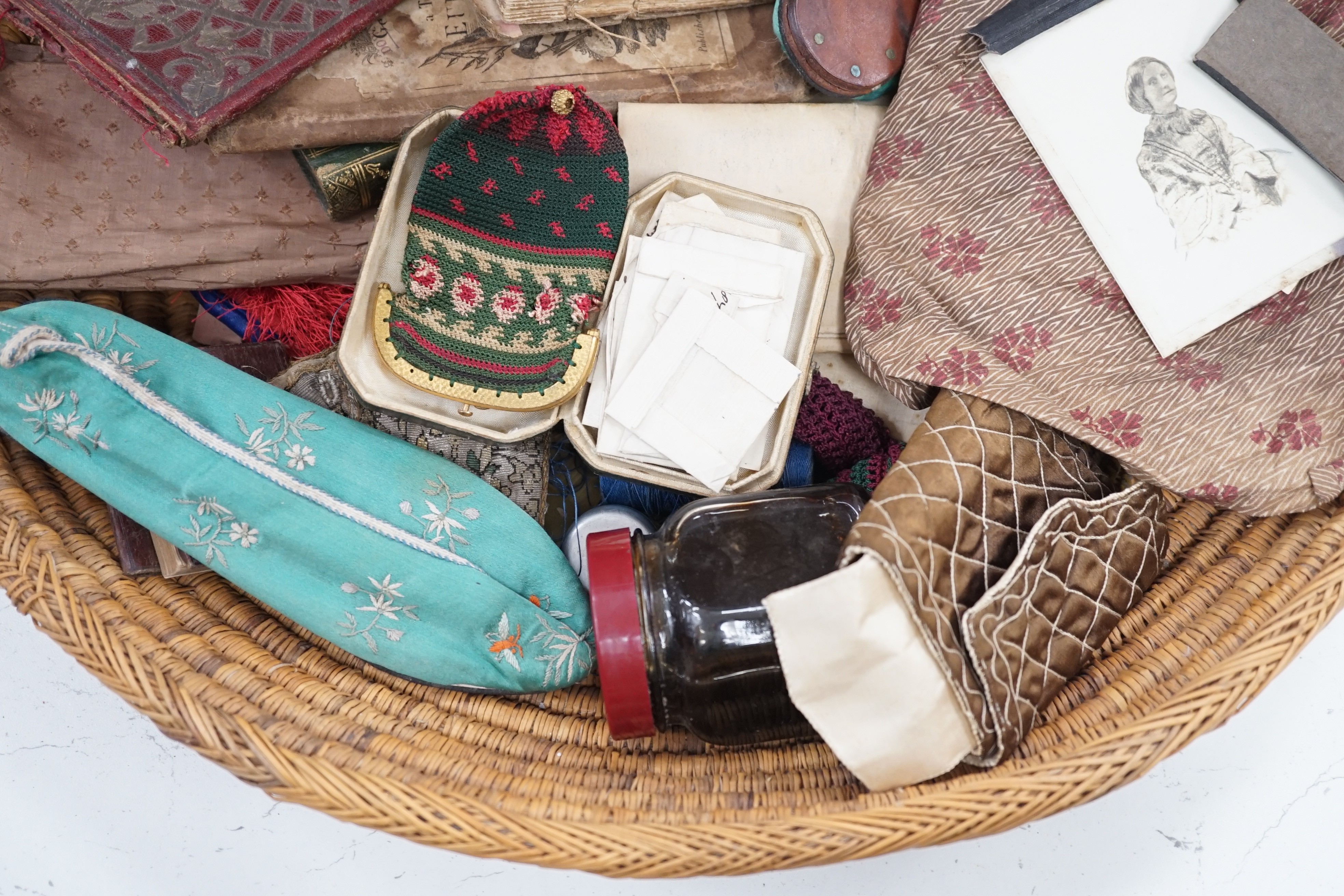 A collection of assorted curios, to include a red leather purse inscribed ‘Constantinople 1752’